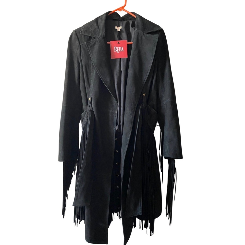 Reba Suede Fringe Jacket Womens XL Black Leather Coat Western Boho Glam NWT